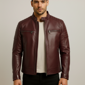 Mens Real Leather Quilted Shoulder Burgundy Jacket