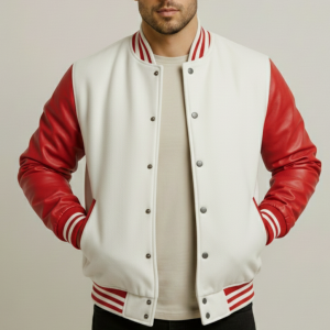 Men's Red & White Varsity Jacket - Classic Baseball Bomber Style