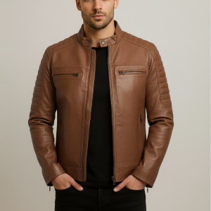 Men's Waxed Camel Cafe Racer Leather Jacket