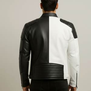 Racing Stripe Design Black & White Leather Biker Jacket