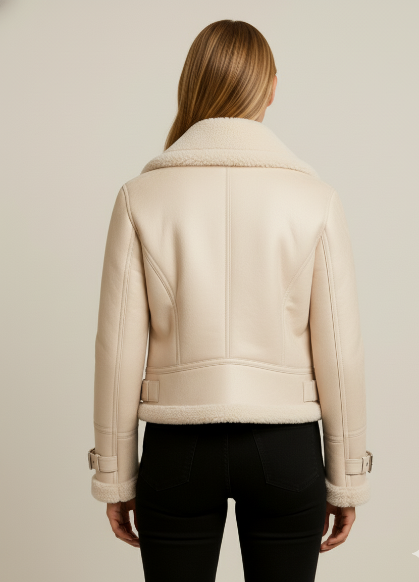 Women's Cream Shearling Aviator Jacket - Image 2
