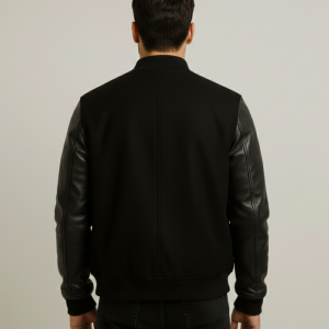 Alternative view of Mens Black Wool and Black Leather Sleeve Varsity Jacket