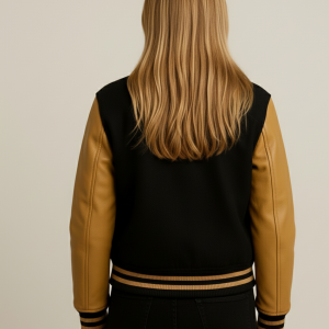 Alternative view of Women Black Wool & Bright Gold Leather Varsity Jacket