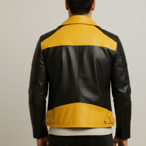 Alternative view of Men's Black and Yellow Racing Leather Biker Jacket
