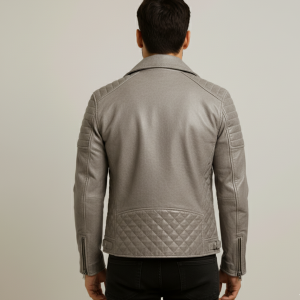 Alternative view of Men's Grey Quilted Shoulder Leather Biker Jacket