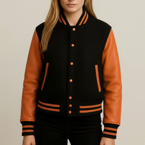 Women Black & Orange Leather Sleeve Varsity Jacket