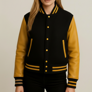 Women's Black & Yellow Leather Sleeve Varsity Jacket | NAJ