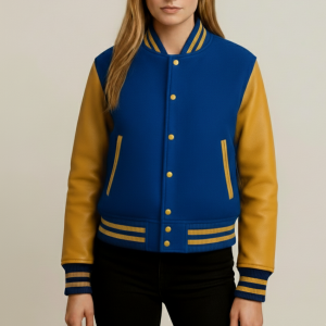 Women's Blue Wool & Yellow Leather Sleeve Varsity Jacket | NAJ