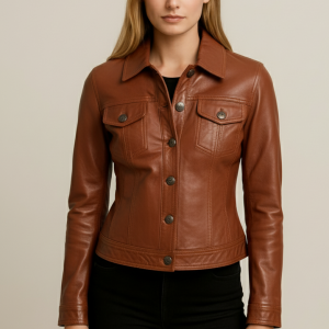 Women's Brown Leather Shirt Jacket | Classic Button-Up Style