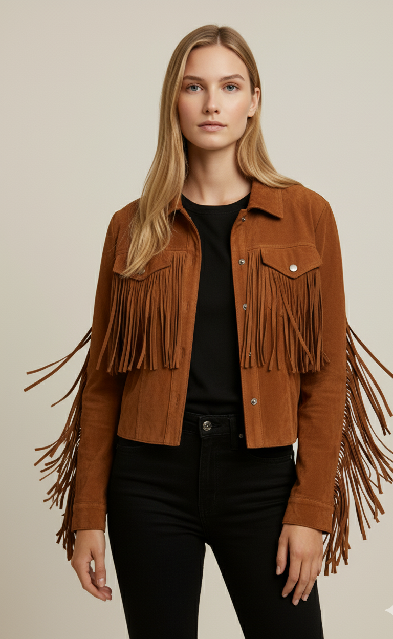 Women's Brown Suede Fringe Jacket | Western Boho Style Coat