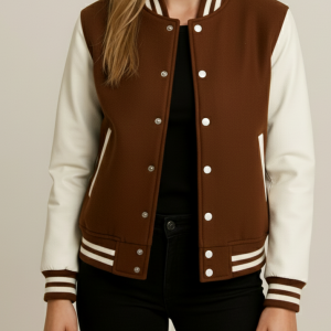 Women's Brown & White Varsity Jacket | 40% At NAj
