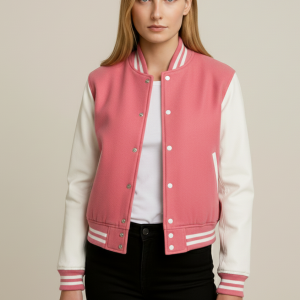 Women's Classic White & Pink Varsity Jacket | 40% At NAj
