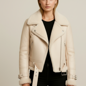 Women's Cream Shearling Aviator Jacket | Warm Winter Coat