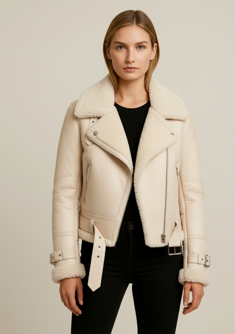 Women's Cream Shearling Aviator Jacket | Warm Winter Coat
