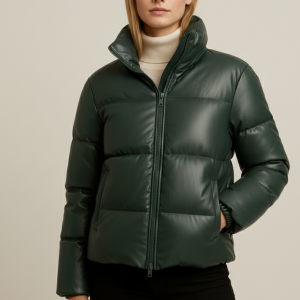 Women's Dark Green Puffer Leather Jacket