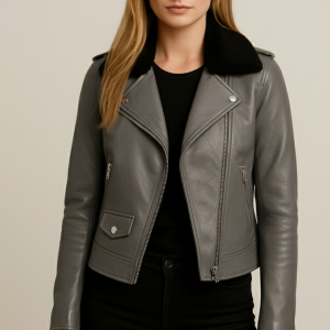 Women's Grey Leather Biker Jacket with Collar - Moto Style