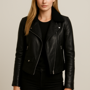 Women's Harper Black Leather Biker Jacket 40% Off Sale