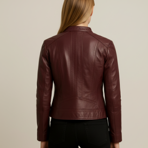 Stylish Maroon Leather Jacket with Asymmetrical Zip – 40% Off Sale