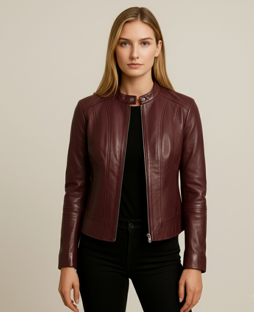 Womens Slim Fit Burgundy Leather Jacket