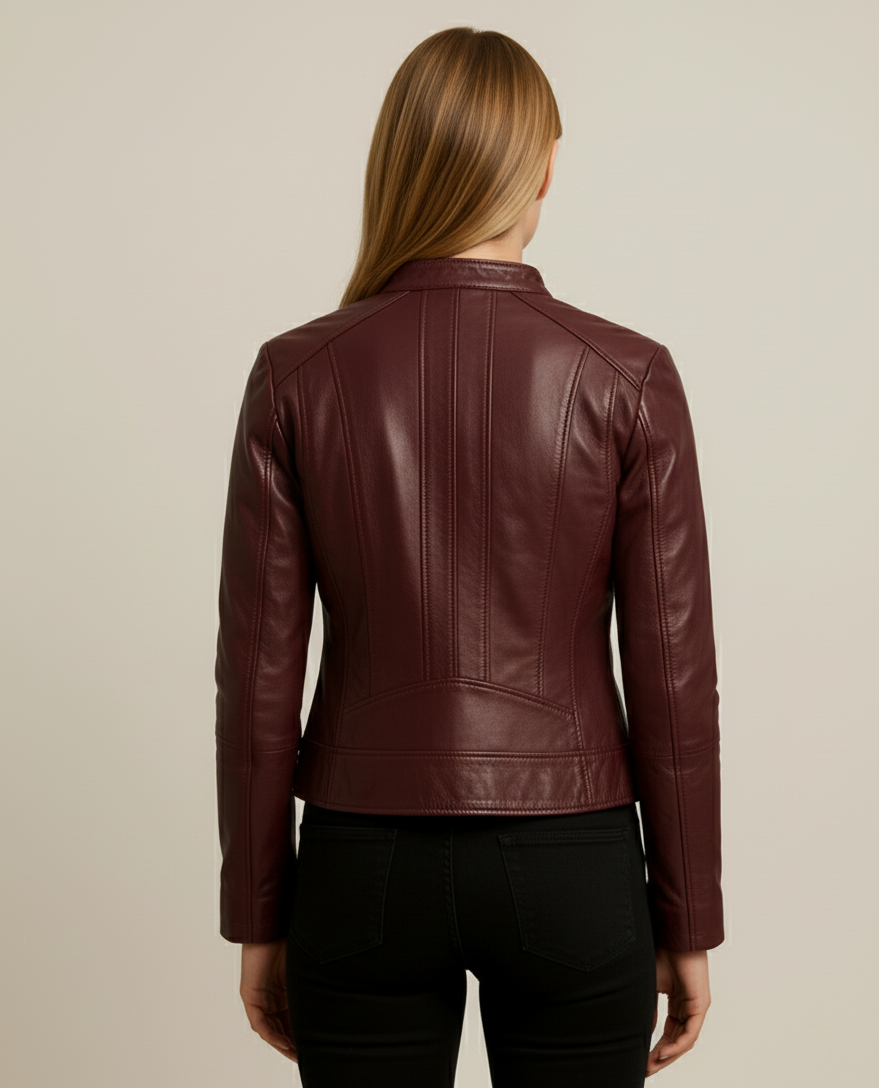 Stylish Maroon Leather Jacket with Asymmetrical Zip – 40% Off Sale