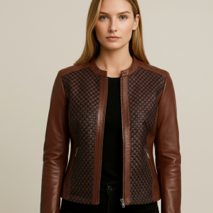 Womens Real Leather Cognac Textured Biker Jacket