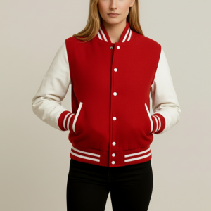 Women's Red Wool & White Leather Sleeve Varsity Jacket | At NAJ