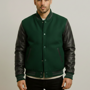 Mens Dark Green Wool & Black Leather Varsity Jacket | At NAj