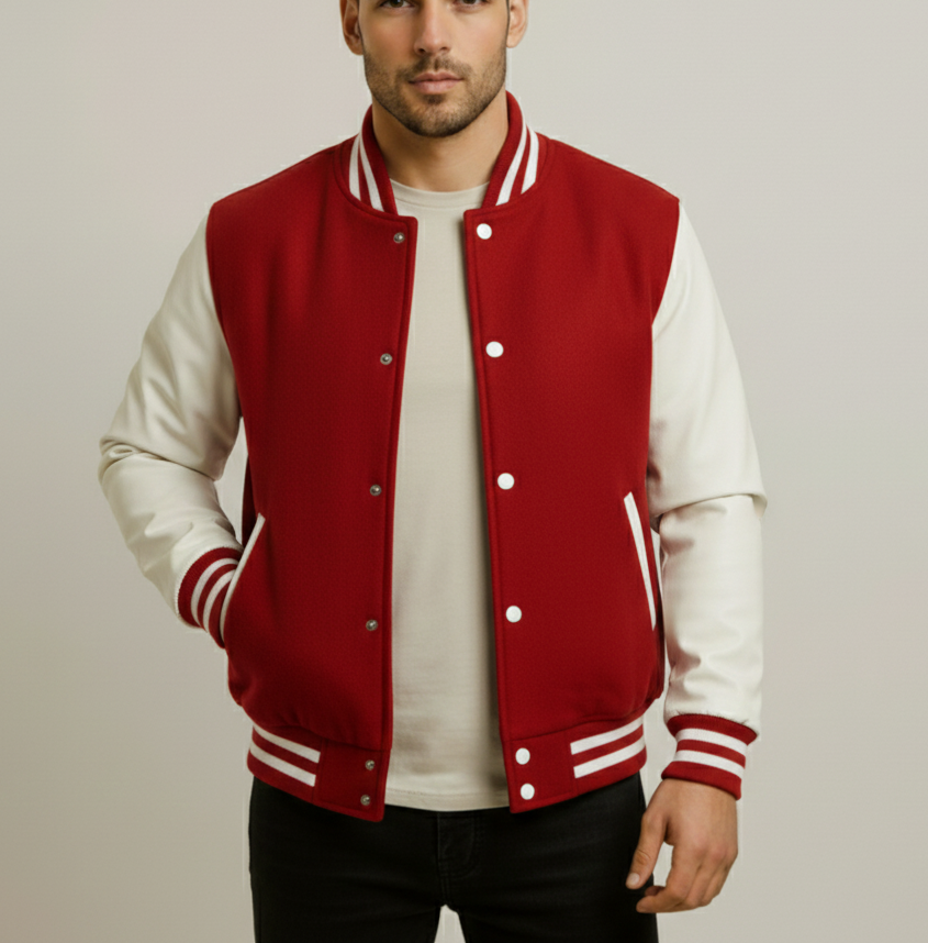 Men's Red & White Varsity Jacket Classic College Baseball Style